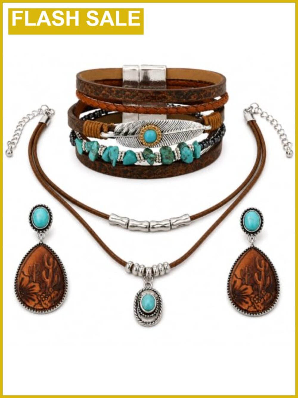 Western Jewelry Set Teardrop Cactus Floral Turquoise Style Earrings